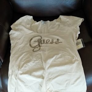Nwt,guess t shirt,xl,tg: tan or taupe in color,gold sequins.